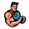 Strong muscular bodybuilder with heavy dumbbell in hand. Sports mascot. Gym, bodybuilding emblem. Vector illustration