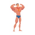 Strong and Muscular Bodybuilder Posing with Medal, Happy Male Athlete Celebrating His Victory Vector Illustration