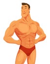 Strong and muscular bodybuilder standing. Muscleman character. Weightlifting, powerlifting or bodybuilding. Vector