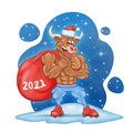 Strong muscular cartoon bull with a huge red bag of gifts Royalty Free Stock Photo