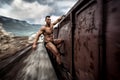 Strong muscular man holding on moving train Royalty Free Stock Photo