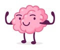 Strong Muscular Pink Brain, Funny Human Nervous System Organ Cartoon Character Vector Illustration on White Background
