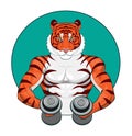 Strong muscular tiger holding two dumbbells in his hands and doing workout vector illustration.