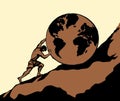 A man rolls a earth up the hill. Vector drawing Royalty Free Stock Photo