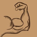 Strong power, muscle arm with trendy hand drawn sketch style vector icon