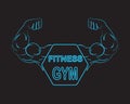 Strong power, muscle arms with frame and text fitness gym , neon light vector illustration