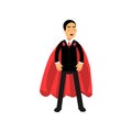 Strong and powerful business man standing in superhero pose with red mantle. Cartoon male character in black formal suit Royalty Free Stock Photo