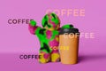 Strong powerful rainbow Yeti coffee cup 3D rendering purple Coffee shop discount creative sale colorful banner Hot drink