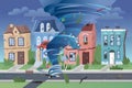 Strong powerful tornado hurricane destroying small town buildings. Natural disaster swirling whirlwind damaging city and