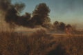 Strong prairie fire with large clouds of choking smoke erupted in southern steppe. Royalty Free Stock Photo