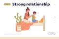 Strong relationship landing page design template with cartoon worried mother calming sad little son