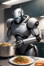 Strong robot chef owned by a big company cooking pasta in the kitchen for human