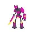 Strong robot transformer in bright purple color. Powerful metal warrior with sword. Flat vector design for video game Royalty Free Stock Photo