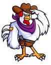 a strong rooster wearing a cowboy costume is posing for a salute