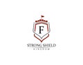 Strong Shield, Gold Heraldic F Letter Monogram. Retro minimal shield Shape. Crown, Castle, Kingdom Logo Design