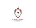 Strong Shield,Gold Heraldic A Letter Monogram. Retro minimal shield Shape. Crown, Castle, Kingdom Logo Design