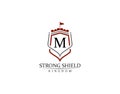 Strong Shield,Gold Heraldic M Letter Monogram. Retro minimal shield Shape. Crown, Castle, Kingdom Logo Design