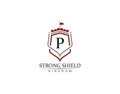 Strong Shield, Gold Heraldic P Letter Monogram. Retro minimal shield Shape. Crown, Castle, Kingdom Logo Design
