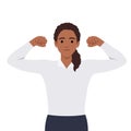 Strong smiling business woman stand raising hands, pumping fists, celebrating achievement success. Successful businesswoman Royalty Free Stock Photo