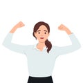 Strong smiling business woman stand raising hands, pumping fists, celebrating achievement success. Successful businesswoman Royalty Free Stock Photo