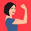 Strong smiling woman showing arm and bicep, to illustrate strenght concept like beeing a mother, a businesswoman Royalty Free Stock Photo