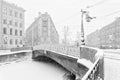 The strong snowstorm in Saint Petersburg. Demidov bridge.