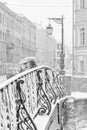 The strong snowstorm in Saint Petersburg. Demidov bridge.