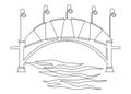 Strong stone bridge in medieval style over the river. Lanterns on the bridge. Continuous line drawing. Vector illustration Royalty Free Stock Photo