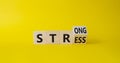 Strong Stress symbol. Turned wooden cubes with words Strong Stress. Beautiful yellow background. Business and Strong Stress Royalty Free Stock Photo