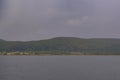 Strong summer storm. Water bubbles formed on the surface of the lake due to heavy rain Royalty Free Stock Photo