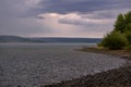 Strong summer storm. Water bubbles formed on the surface of the lake due to heavy rain Royalty Free Stock Photo