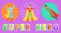 Strong super male smiles and flies to save world. Brave character in superhero costume with red cloak