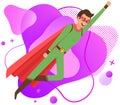 Strong super man smiles and flies to save world. Brave character in superhero costume with red cloak