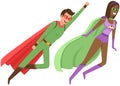 Strong super man smiles and flies to save world. Brave character in superhero costume with cloak