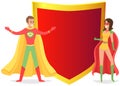 Strong super man smiles and flies to save world. Brave character in superhero costume with cloak