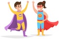 Strong super man smiles and flies to save world. Brave character in superhero costume with cloak