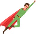 Strong superman smiles and flies to save world. Brave character in superhero costume with red cloak