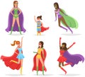 Strong superwoman team in colored costumes with cloaks, emblems, masks has superpowers save world