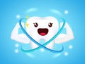 Strong teeth emoji vector design. Healthy and protected tooth emoticon character in blue background for kids oral health hygiene.