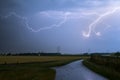 Bright lightning bolts traveling through the sky