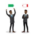 Strong and tired businessmen,Green Charged and red discharged battery,isolated on white background Royalty Free Stock Photo