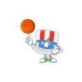 A strong uncle sam hat cartoon character with a basketball