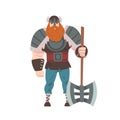 Strong Viking Warrior with Double Axe, Scandinavian Mythology Character in Traditional Outfit Cartoon Style Vector Royalty Free Stock Photo