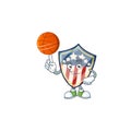 A strong vintage shield badges USA cartoon character with a basketball