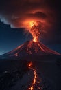 Strong volcanic eruption at night,