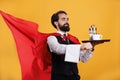 Strong waiter serves food on tray Royalty Free Stock Photo