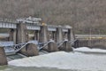 Strong water flowing from a dam of the Monongahela River in Morgantown, West Virginia