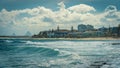 Strong waves at the Kings Beach in Queensland, Australia with Glass house mountains in the background Royalty Free Stock Photo