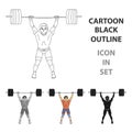 Strong weightlifter raises the bar in the gym.The athlete lifts a huge weight.Olympic sports single icon in cartoon