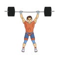 Strong weightlifter raises the bar in the gym.The athlete lifts a huge weight.Olympic sports single icon in cartoon